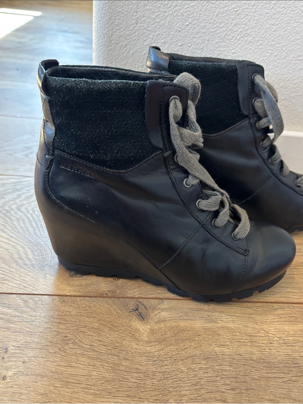 Merrell Black Wedge Lace-Up Ankle Boot with Gray Laces